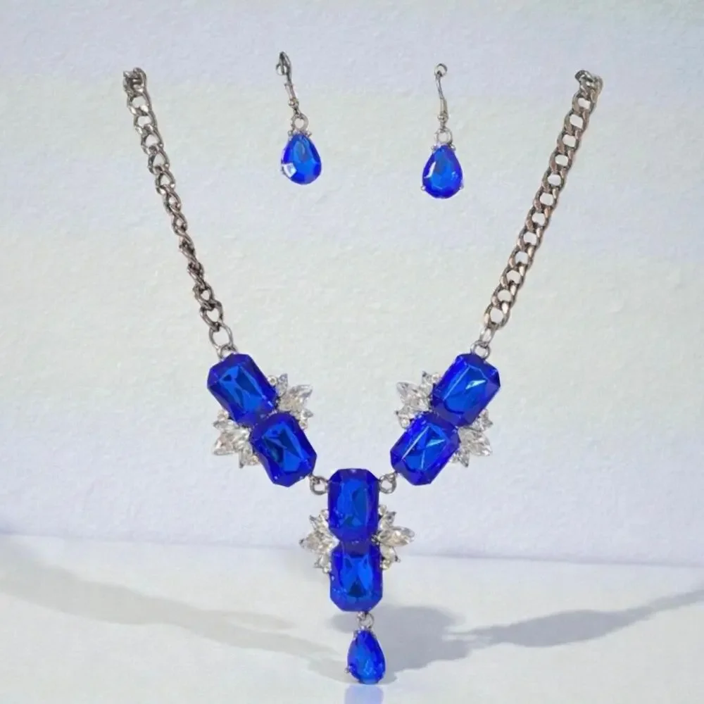 Blue Crystal Statement Necklace Set Matching Earrings Rhinestone Jewelry